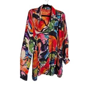 John Mark Women XL Shirt Abstract Multi-Color Print Button Up Art To Wear Rayon